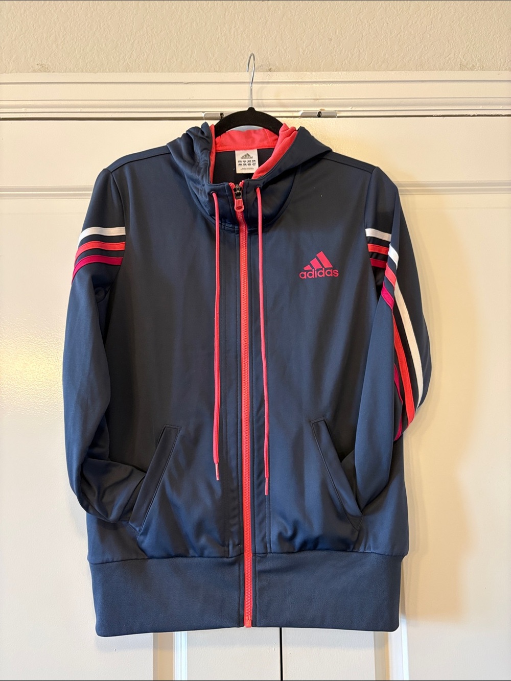 adidas Navy Hoodie Jacket with Pink Accents and Stripes